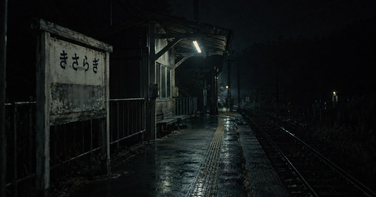深夜の無人駅に佇む、きさらぎ駅の駅名標
