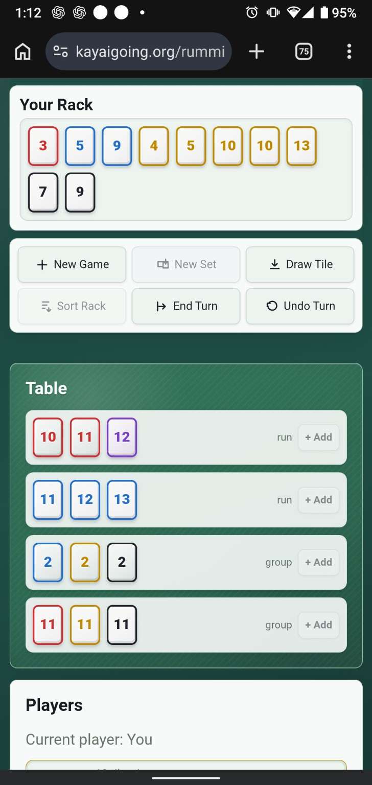 Rummikub Practice Table のスマホ画面