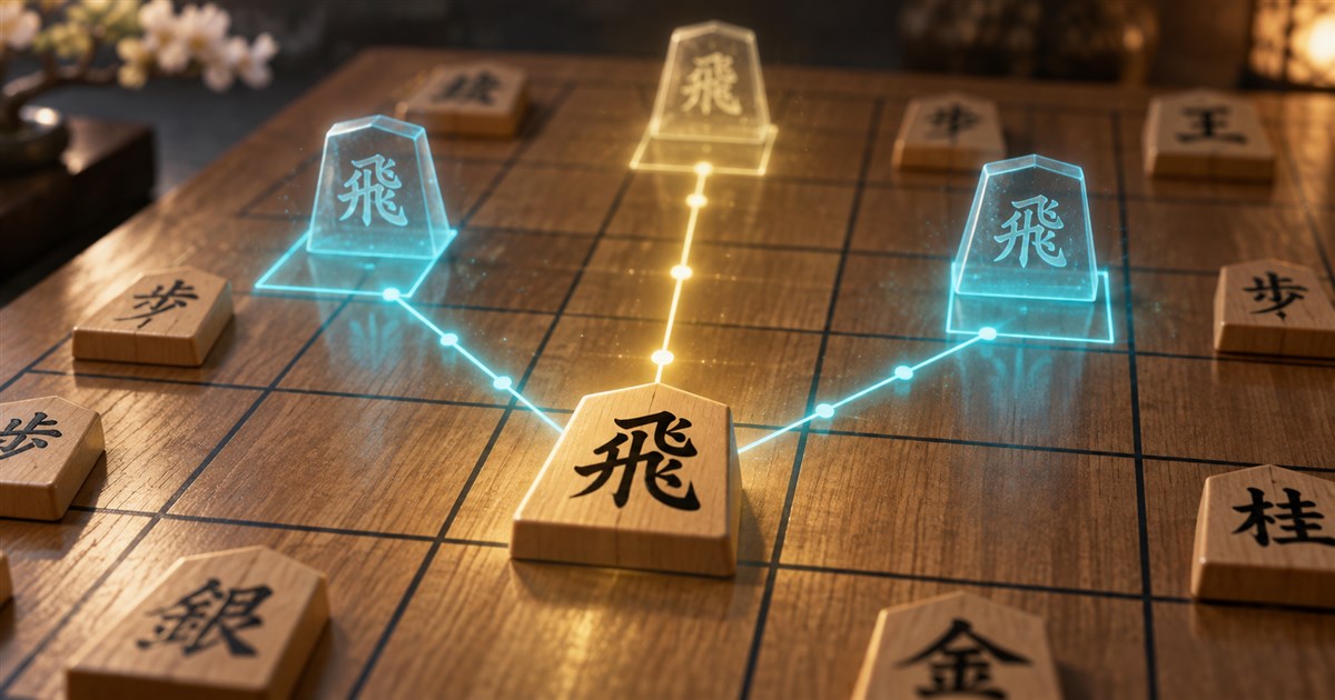 将棋盤にAI候補手のゴースト駒と読み筋を重ねたイメージ